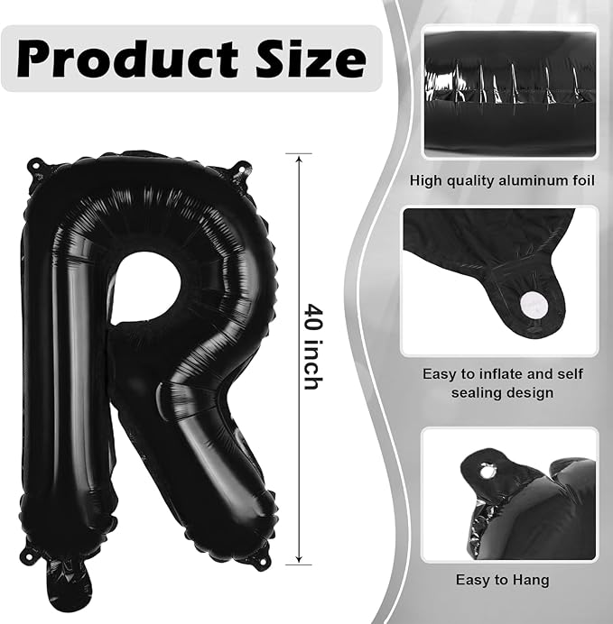 Black Letter R Balloons, 40 Inch Large Foil Letter Balloons, Custom Phrase Balloon for Birthday Party Wedding Anniversary Decoration (Black R)