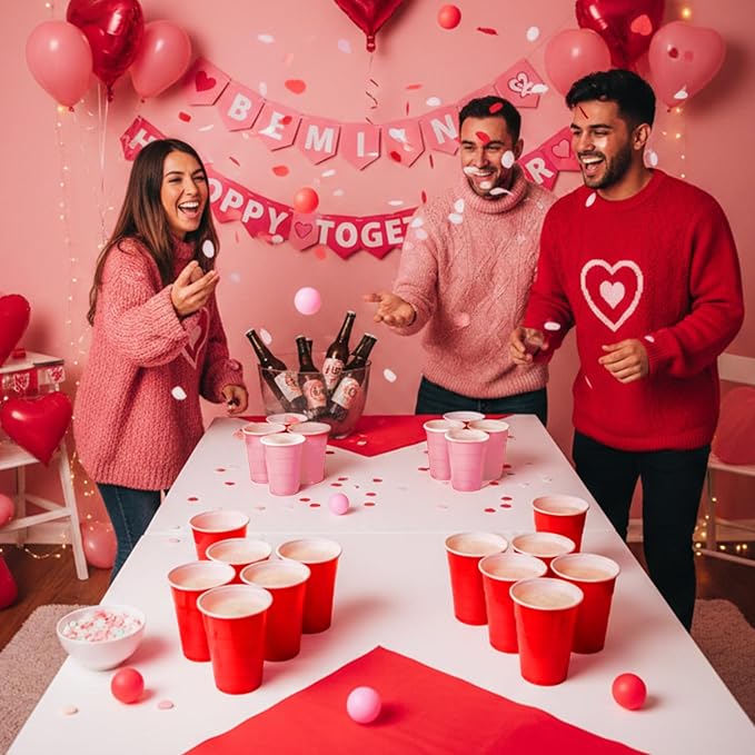 32 Pcs Party Game Set for Adult, Include 16oz Red Pink Plastic Cups with 8 Balls, Bachelor Party Disposable Cup Bulk for Summer Birthday, Anniversary, Wedding, Outdoor Toss Game Supplies
