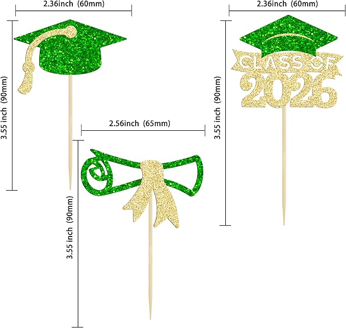 Gyufise 24Pcs 2026 Graduation Theme Cupcake Toppers Glitter Diploma Graduation Cap Class of 2026 Cupcake Picks for 2026 Graduation Theme Party Cake Decorations Supplies Gold Green