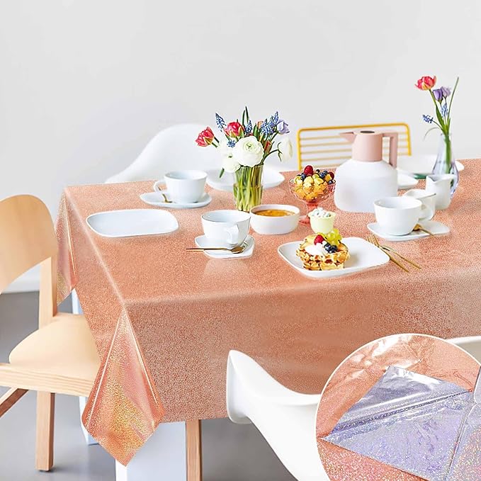 1 Pack Rose Gold Iridescent Plastic Tablecloth Disposable 54 × 108 Inch Glitter Holographic Foil Table Cloth Plastic Laser Rectangle Table Cover for Birthday Wedding Disco Party