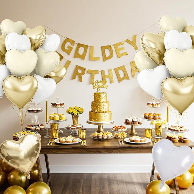 TONIFUL 30Pcs 18 Inch Champagne Gold Cream White Balloons White Heart Shape Foil Mylar Banners Decoration for Birthday Valentine's Day Wedding Bridal Shower Anniversary Engagement Party Supplies