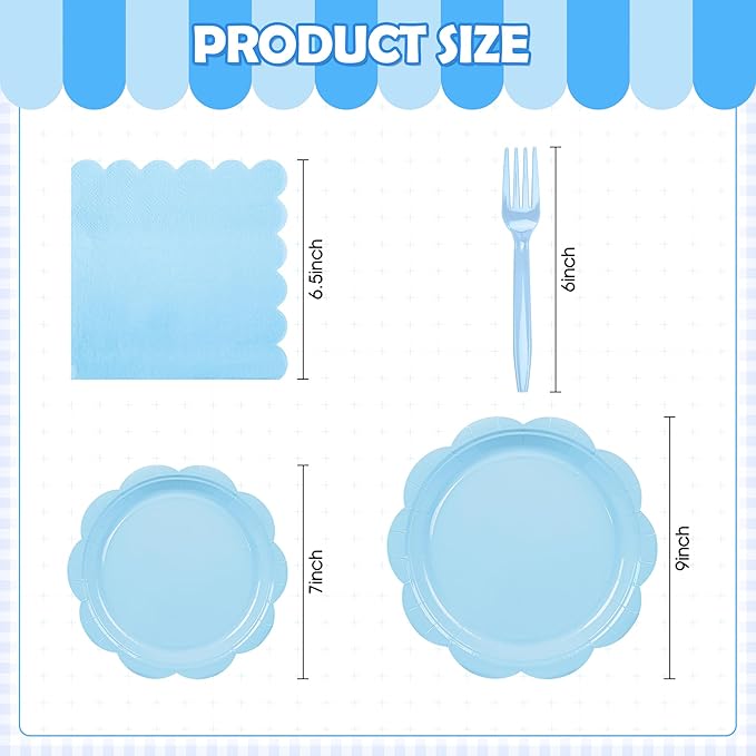 96 Pcs Light Blue Paper Plates and Napkins Set Party Supplies, Tableware set for 24 Guest include Disposable Light Blue Scalloped Plates, Napkins and Forks for Baby Shower Bridal Shower Wedding