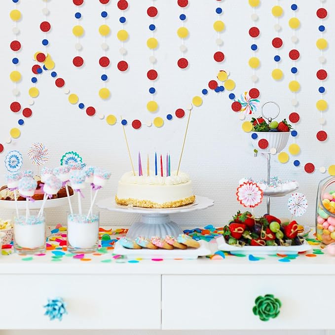 Outus 10 Pieces Colorful Dots Paper Garland Easter Decor Round Glitter Hanging Confetti Streamers Backdrop for Spring Birthday Classroom Halloween Trunk or Treat Car Decoration (Red,Blue,Yellow)