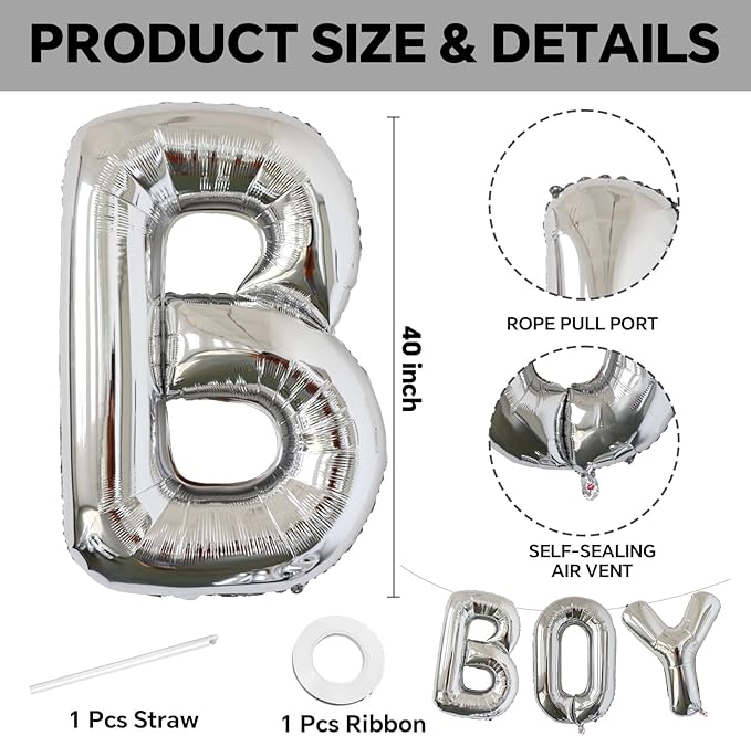 KALOR 40 Inch Silver Letter BOY Balloons Jumbo Foil Mylar Helium Big Balloons for Boy Birthday Baby Boy Shower Party Decorations