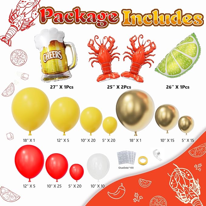 Bonropin Crawfish Boil Party Supplies, 150pcs Crawfish Balloon Arch Garland Kit with Red Yellow Gold Latex Balloons, Crawfish Beer Lemo Foil Balloons for Crawfish Boil Birthday Party Decoration