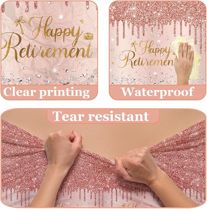 Pink Retirement Party Decorations-3pcs Happy Retirement Tablecloths Rose Gold Table Cover for Woman Men Table Cloths Party Favors