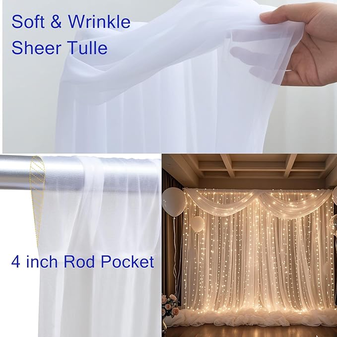 White Tulle Backdrop Curtain with Lights, Elegant Sheer Photo Backdrop Drapes, Soft Fabric Curtain for Weddings Brithday Parties Photography Background Decor, 10ftx8ft