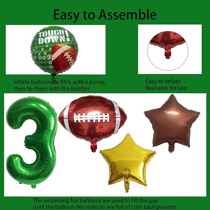Football Balloons Foil Football Birthday Decorations Balloons Green Number 3 Balloon Gold Brown Star Touchdown Ballons for Rugby Birthday Decorations Sports Ballons Arch Kits Party Balloon Sets 9pcs