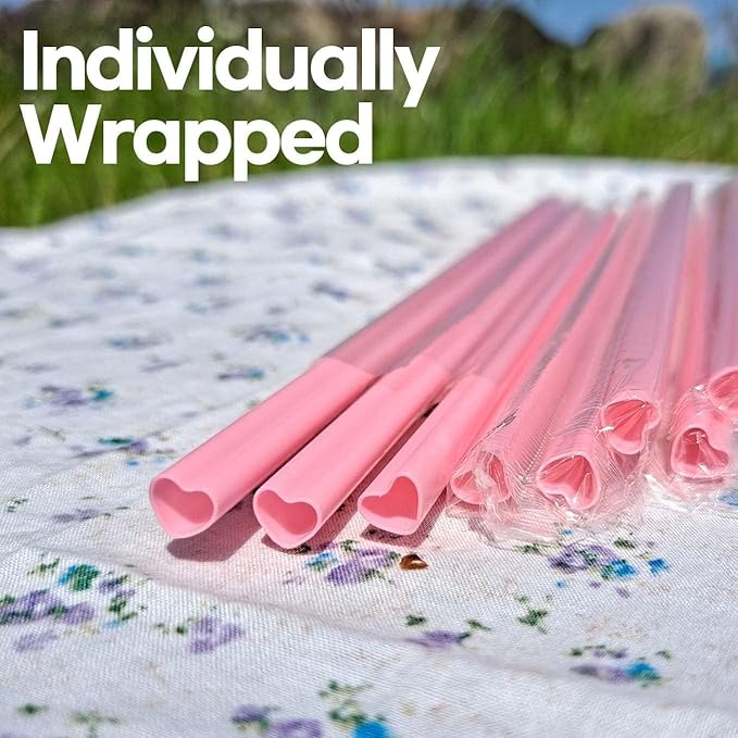 200pcs Heart Shaped Pink Straws Disposable Drinking Cute Straw Individually Wrapped Pink Plastic Straw Galentines Day, Cocktail, Birthday Party, Bridal Shower, Wedding Decorations