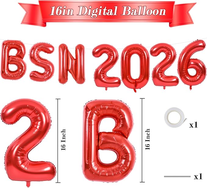TONIFUL 2026 Nurse Graduation Decorations Red BSN 2026 Balloons 16 Inch BSN 2026 Banner Class of 2026 Congrats Nurse Balloons Decorations 2026 Nursing Graduation Party Supplies