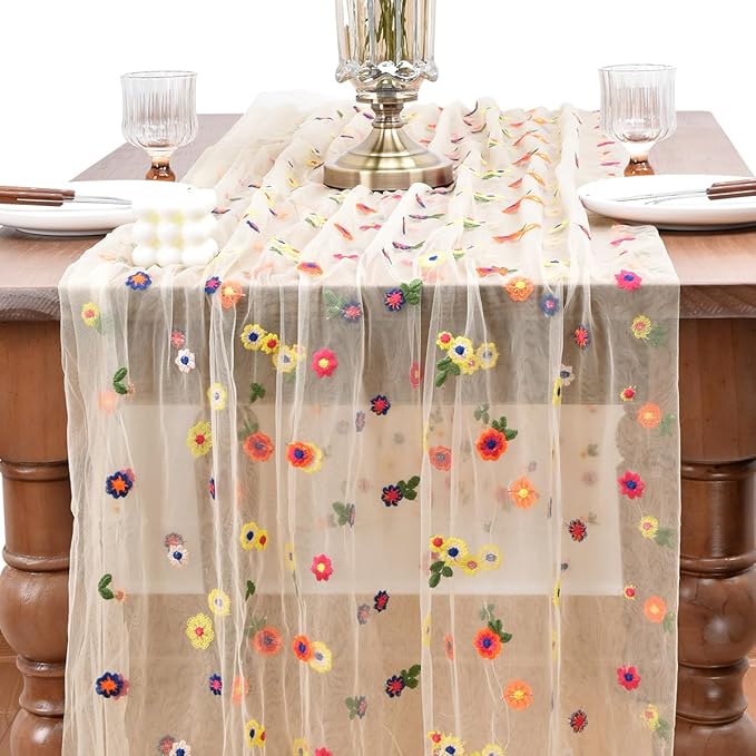 Joanlody Champagne Embroidery Daisy Spring Summer Table Runner 10ft Florals Seasonal Easter Tulle Table Runner Holiday Kitchen Dining Table Decoration for Home Party Indoor