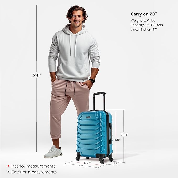 InUSA ENDURANCE Luggage with Spinner Wheels | Durable Lightweight Hardshell Suitcase, Spacious Travel Bag with Handle and Trolley | 20-Inch Carry On Small Luggage | Teal