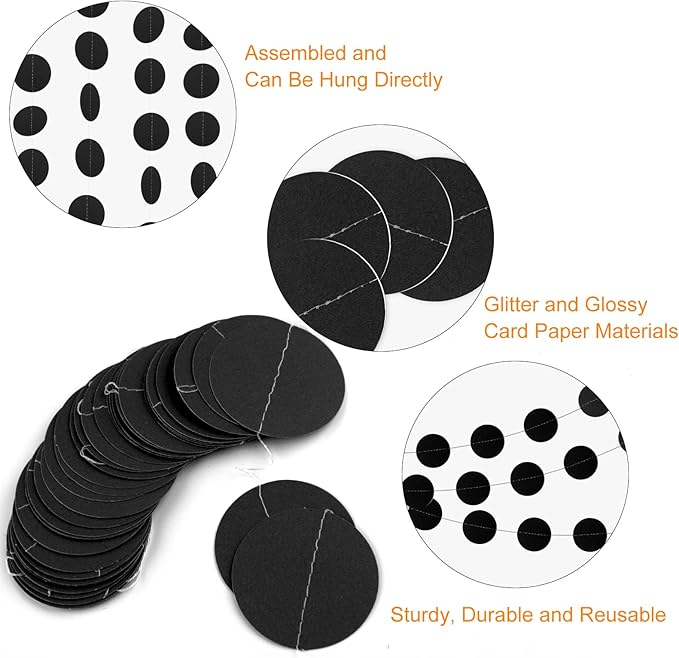 MIAHART 52 Feet Circle Garlands Black Circle Dots Paper Garland Circle Hanging Banner for Birthday Graduation Halloween Party Decorations
