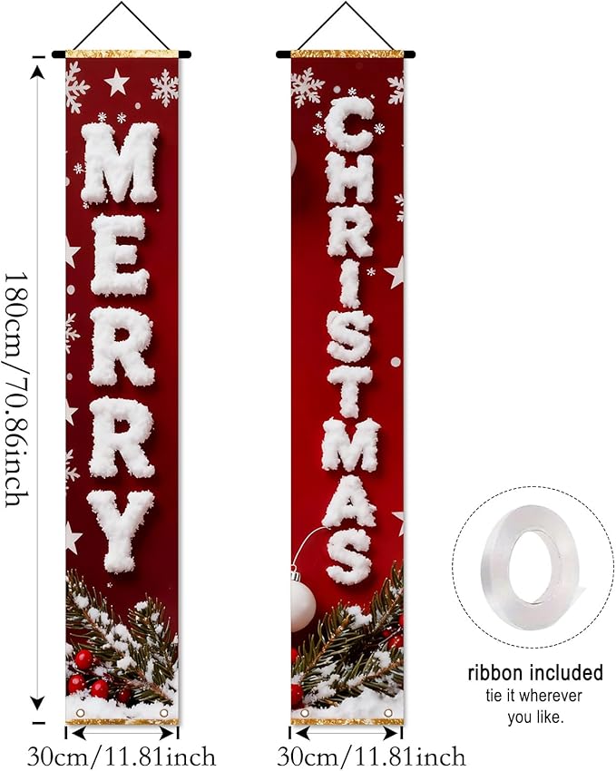 Nuxovilar Merry Christmas Snowflake Decor Polyester Banner 12x70.86 Inches Christmas Door Banner, Festive Home Decor for Living Room, Porch, Holiday Parties
