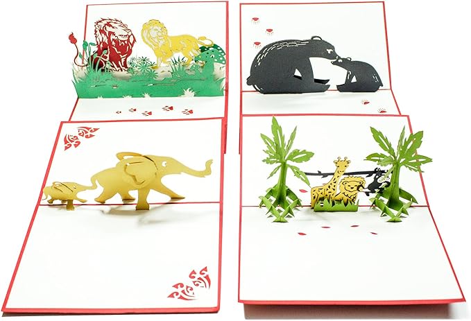 Pop Up Cards - Set of 4 3D Pop-Up Birthday, Greeting or Special Occasion Card Sets - Jungle Animals (4 Pack- Assorted)