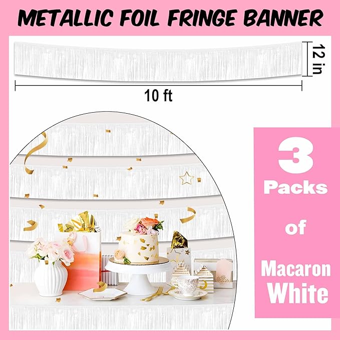 3 Pack 10 Ft Macaron White Foil Fringe Garland Metallic Streamers Tinsel Banner Wall Hanging Garland Backdrop for Parade Floats, Halloween, Christmas, Thanksgiving, New Year Party Decorations