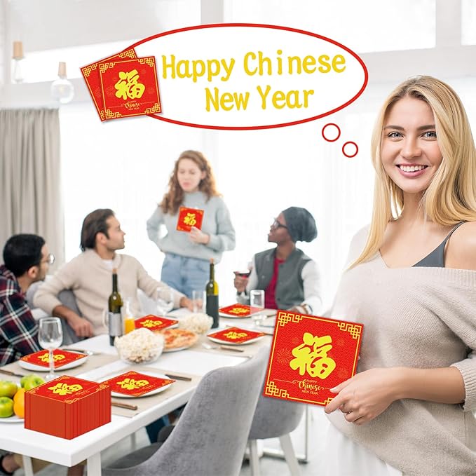 50Pcs Chinese New Year Napkins Disposable 2026 Year of Horse Paper Napkins Supplies Decorations Chinese Spring Festival Happy New Year Party Napkins Set for New Year's Eve Baby Showers Holidays