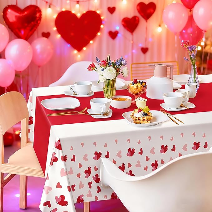 Hxezoc 54 x 108 Inch Valentines Day Tablecloth, Disposable Heart Plastic Table Cover for Girls Kids Valentines Birthday Baby Shower Party Decorations Outdoor Indoor Party Supplies