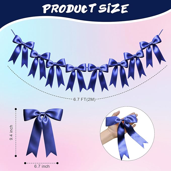 2 Strings of 16PCS Navy Blue Bow Garlands Banner Decoration,Pre-Strung Satin Ribbon Ornaments for Birthday,Bachelorette Party,Bridal Shower,Wedding,Engagement,Baby Shower,Graduation Decor,Anniversary