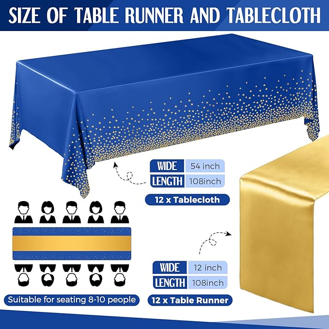 Breling 24 Packs Navy Blue and Gold Disposable Plastic Tablecloths and Satin Table Runner Set, 54 x 108 Inch Tablecloth, 12 x 108 Inch Table Runners for Wedding Graduation Birthday Baby Shower