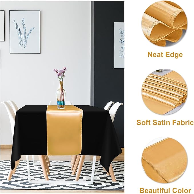 12Pack 12x108 Inch Satin Table Runner and 54x108Inch Plastic Tablecloths Set Black and Gold Disposable Rectangle Table Cover for Graduation Wedding Bridal Shower Anniversary Birthday Party Decorations