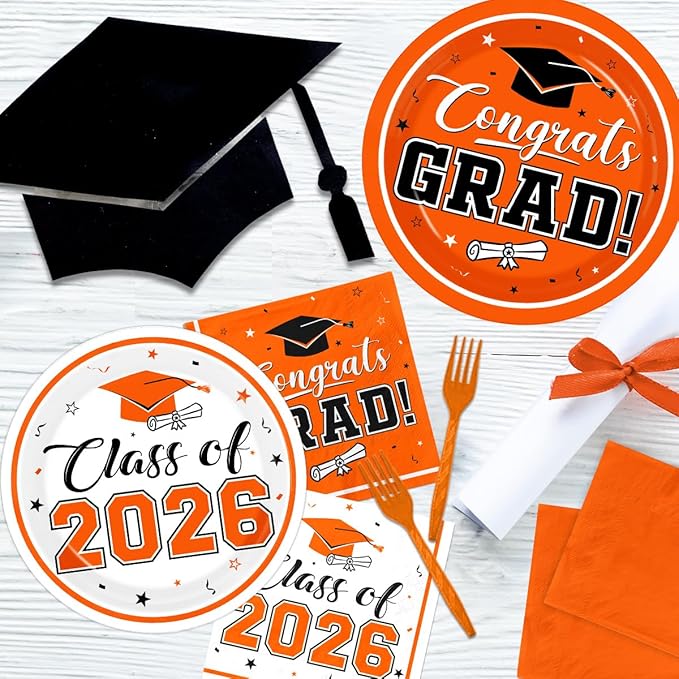 Graduation Party Plates and Napkins Orange Class of 2026 Grad Congrats Party Supplies Disposable Dessert Paper Plates Cocktail Napkins forGraduation Party Decorations,Serve 50