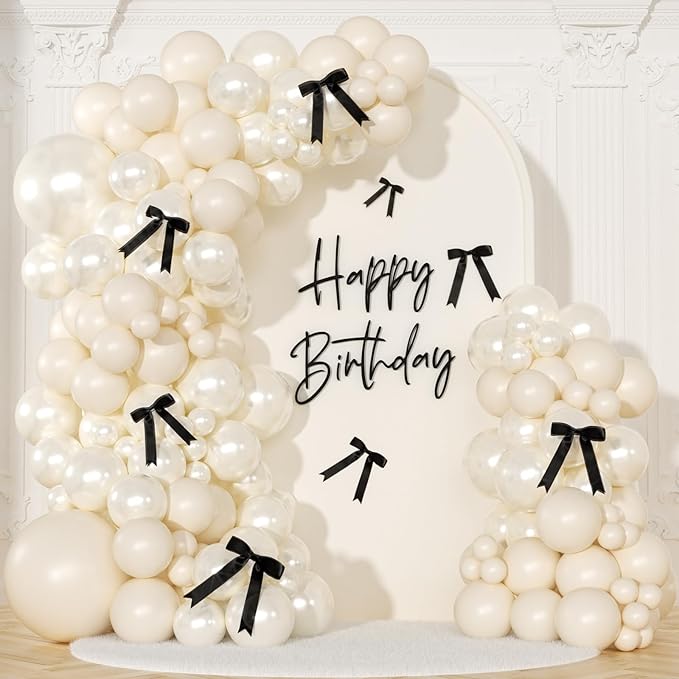 White Sand Balloon Arch Kit 141 Pcs Pearl White Balloons Garland Arch Kit Sand White Balloons and Black Bow for Coquette Birthday Wedding Baby Shower Bridal Shower Balloon Arch Decorations