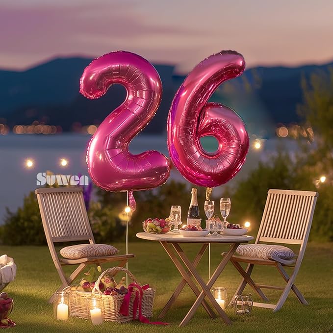 SUWEN 40 Inch Large Hot Pink 26 Balloon Numbers Big Foil Helium Number Balloons 0-9 Jumbo Happy 26th Mylar Birthday Party Decorations for Women 62Anniversary Party Supplies