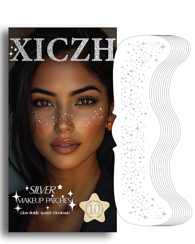 Glitter Freckles, Body and Face Glitter Makeup Patches for Women Girls, Waterproof Festival Rave Accessories fit Country Concert Outfits (Silver - 10 pcs)
