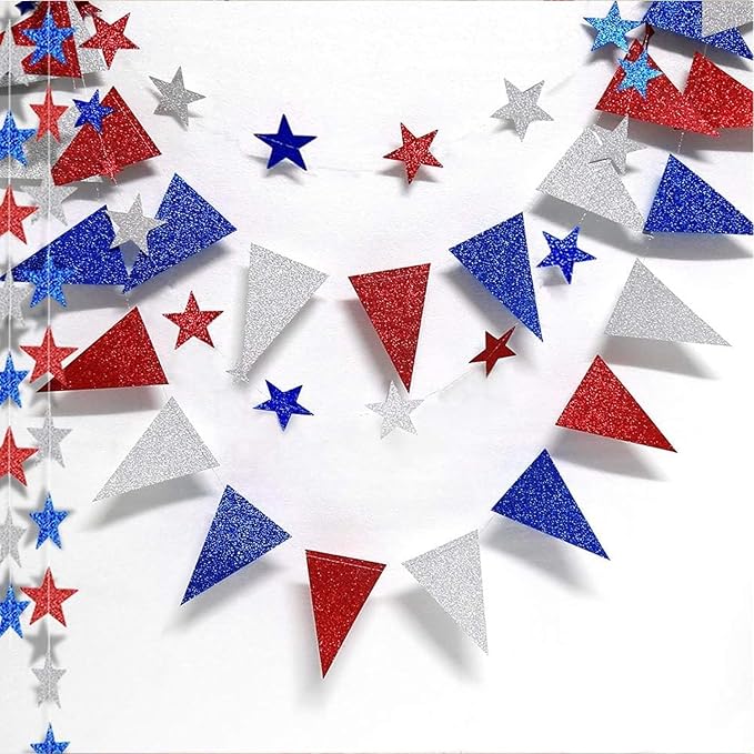 Decor365 4th of July Patriotic Decorations Set Glitter Star Streamers Pennant Bunting Banner Red White Blue Garland for Independence Day Veterans Labor Day Decor Holiday Memorial Day Party Supplies
