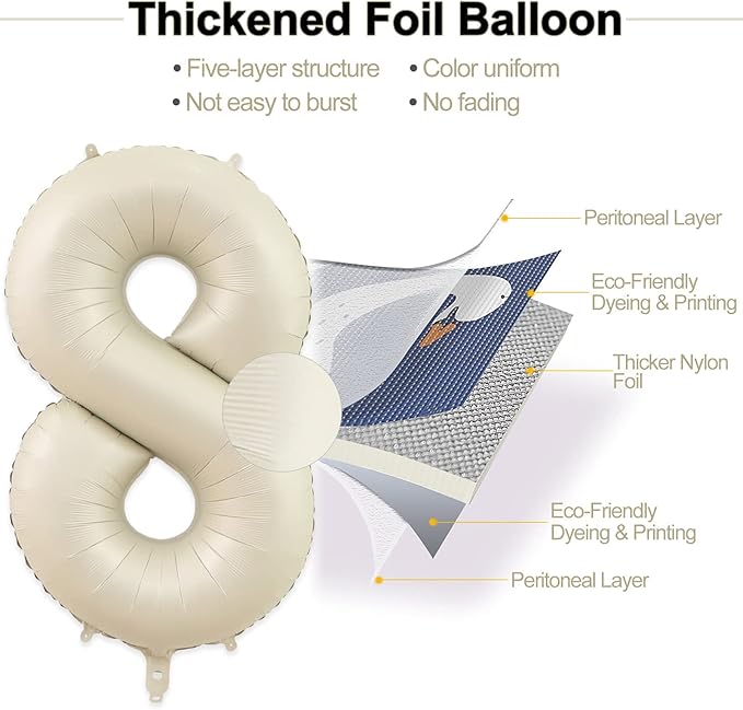 Number 8 Balloon, 8 Balloon, Number Balloons 40 Inch, Sand White Large Big Foil Number Balloons for Birthday Party Graduation Wedding Anniversary Baby Shower Bachelorette Decoration Supplies