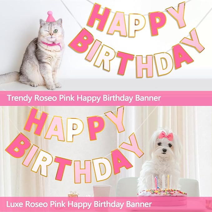 Happy Birthday Banner - 9ft Pre-Strung Happy Birthday Sign for Women, Men, Girls, Boys - No DIY Birthday Decorations & Party Supplies(Roseo Pink)