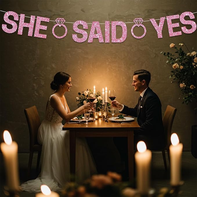 Glitter Pink She Said Yes Banner Pre-Strung Engagement Decorations Bridal Wedding Party Sign Valentine's Day Garland Bachelorette Party Decor,NO DIY