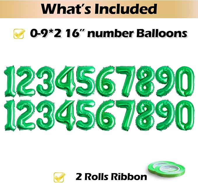 [20 Pcs] 16" Green Foil Number Balloons (2 sets of 0-9) - Mylar Aluminum Hanging Decorations for Graduation, Birthday, Christmas & New Year's Eve Parties