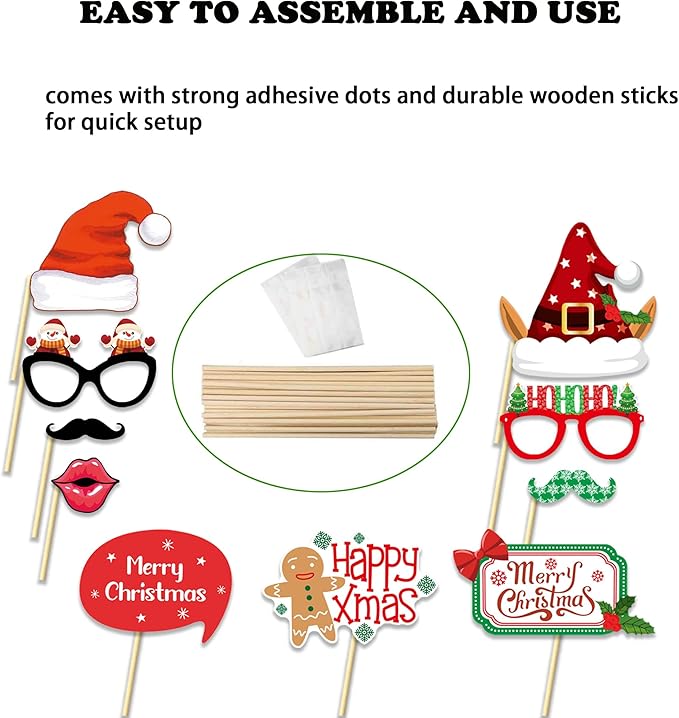 32PCS Christmas Photo Booth Props Set – Funny Xmas Party Decorations with Santa Hats, Glasses, Beards, Elf Ears & Signs – Christmas Party Supplies for Kids & Adults Holiday Photo Booth
