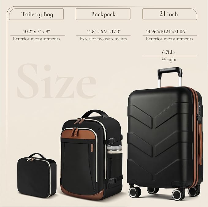 TILYMOL Expandable Luggage Set with Backpack - 21In Suitcase with TSA Lock & Spinner Wheels, Lightweight PP Hardshell Travel Luggage for Men Women, Black