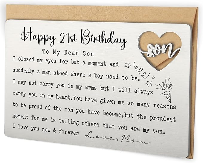 Happy 21st Birthday Wallet Insert for Son from Mom, Stainless Steel Laser-Engraved Postcard with Heart Cutout, Adult Son Birthday Gift, Sentimental Pocket Keepsake for Milestone Celebration QBK10