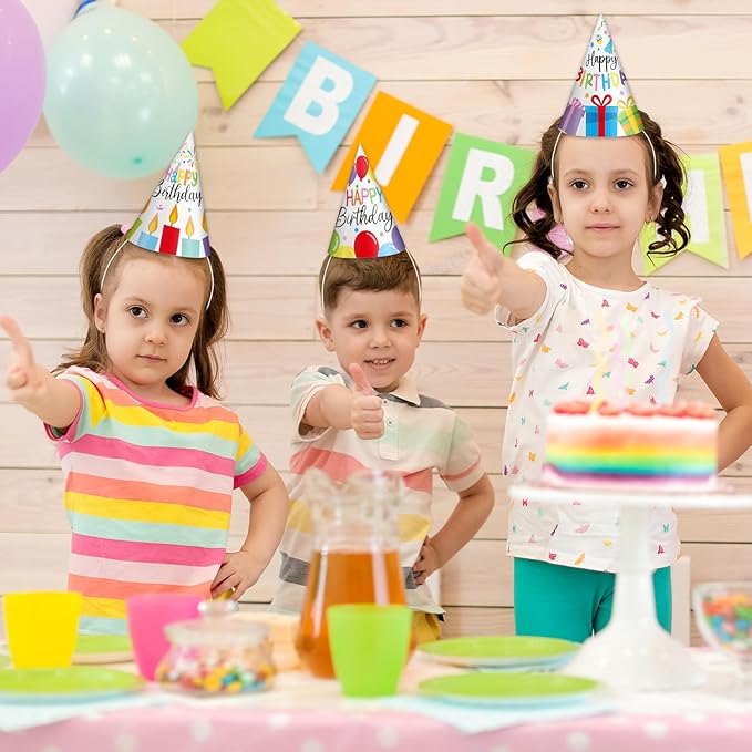 32Pcs Colorful Party Hats for Kids Happy Birthday Cone Paper Hats Classroom Celebration Supplies Favors