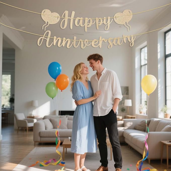 Happy Anniversary Banner, Champagne Gold Anniversary Banner Romantic Balloon Garland Decorations Sign for Bedroom Wedding Party