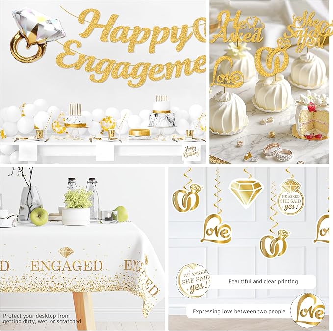 Engagement Party Decorations, Happy Engagement Banner Ring Foil Balloons He Asked She Said Yes Disposable Dinnerware with 2 Pcs Waterproof Engaged Tablecloth Wedding Proposal Decorations Party Decor
