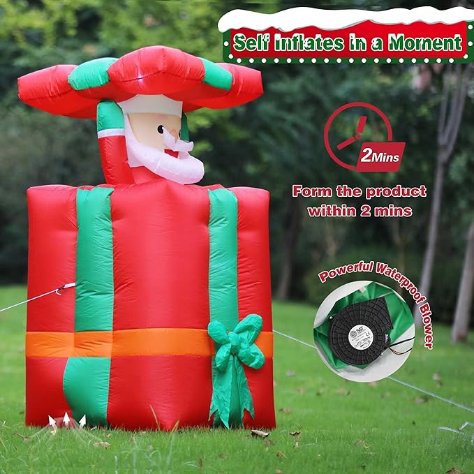 5FT Christmas Inflatables Decorations with Pop Up Movable Santa Claus Huge Gift Boxes, Bright LED Lights Blow Up Christmas Decor for Yard Outdoor Indoor Fall Vacation Holiday Party Lawn