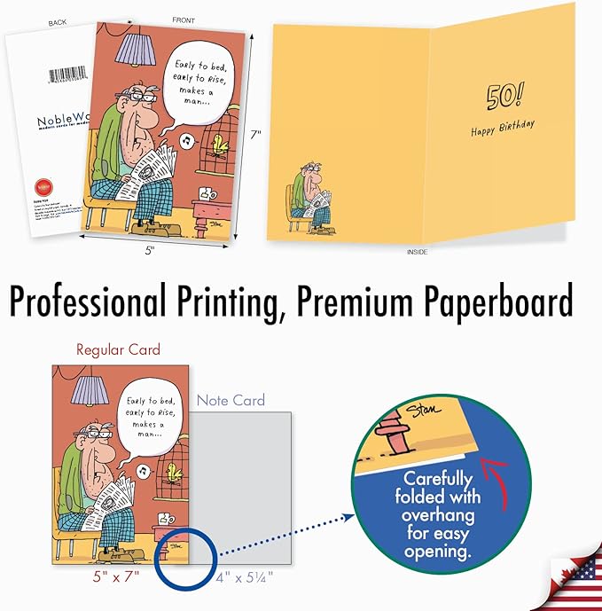 NobleWorks 50th Milestone Birthday Greeting Card with 5 x 7 Inch Envelope (1 Card) Early to Bed 50 Birthday 5089