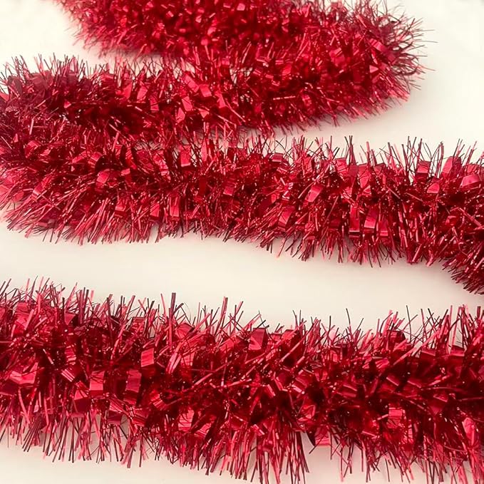 33Ft Christmas Tinsel Garland Shiny Thick Tinsel Xmas Tree Decorations Metallic Twist Foil Red Garland for New Year Parties Valentines Day Easter Parade Floats Indoor Outdoor Supplies - Red