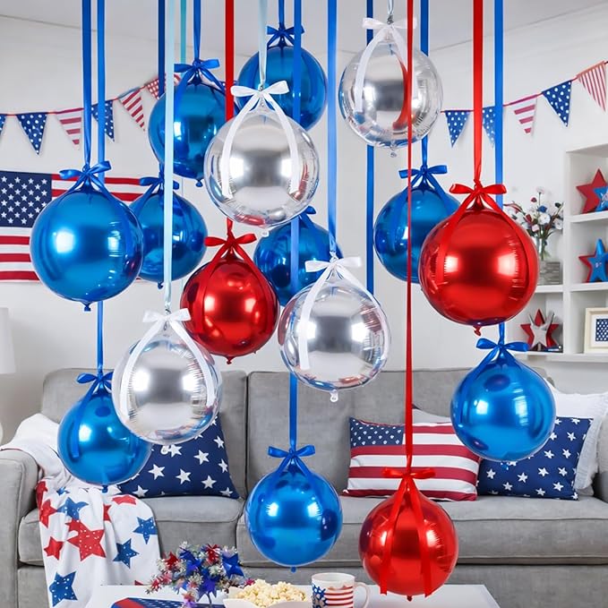 20 Pcs Large Red Blue Silver Metallic Foil Balloons 22 Inch Independence Day Giant 4d Round Ball Balloons with Ribbions for 250th Anniversary Birthday Wedding Baby Shower Tea Party Decor