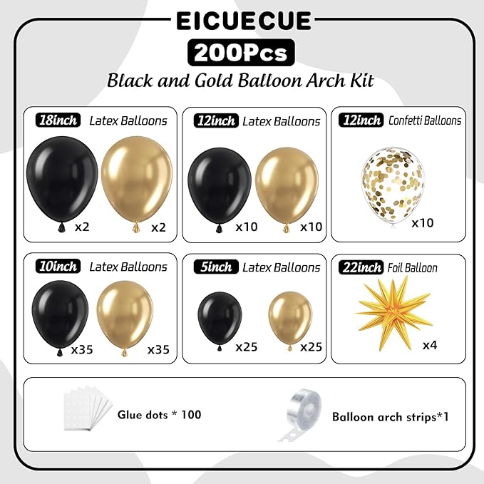 Black and Gold Balloons Garland Arch Kit 200Pcs - 5 10 12 18 22inch Black Gold Confetti Latex Balloons for 2026 New Year Graduation Anniversary Birthday Baby Shower Wedding Party Decorations