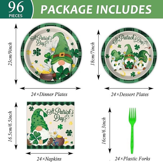 Wiooffen 96 Pcs St. Patrick’s Day Plates and Napkins Green Shamrock Gnome Lucky Tableware Set Irish Festival Party Supplies Table Decorations for 24 Guests