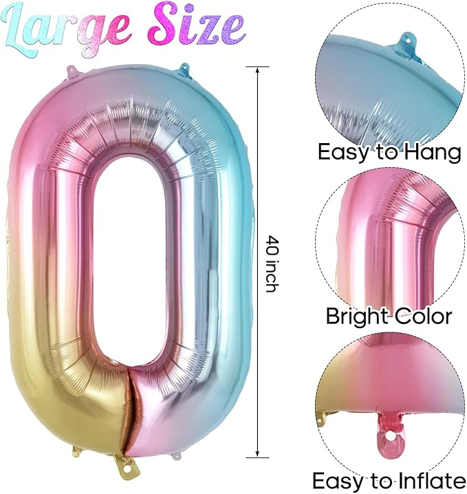 Rainbow Gradient Number 0 Balloon, 40 Inch Big Large Foil Number Balloons, Jumbo Mylar Number 0 Balloons for Birthday Party Decorations Supplies Anniversary Celebration