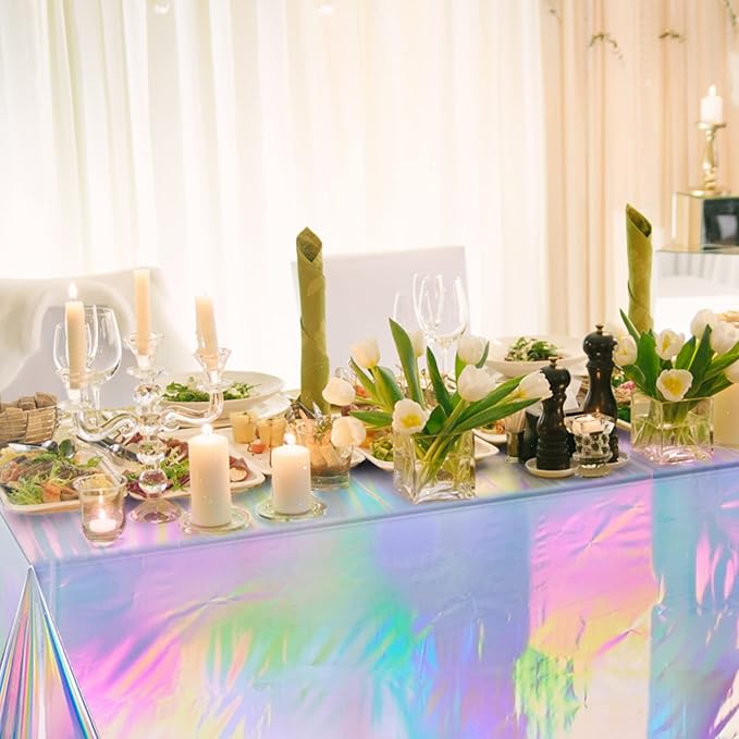 2 Pack Iridescence Plastic Tablecloths Shiny Disposable Laser Rectangle Table Covers Holographic Foil Tablecloth Iridescent Party Decoration Birthday Bridal Wedding Christmas 54" x 108"(Laser)