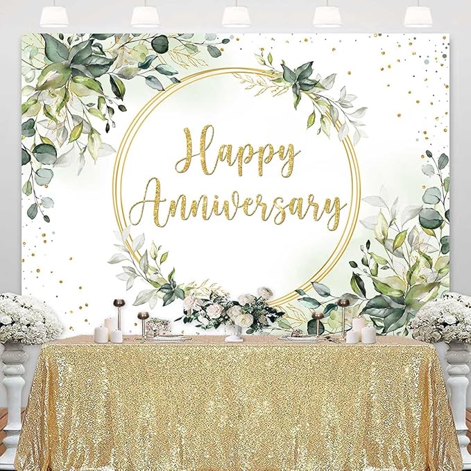 Sensfun 8x6ft Happy Anniversary Backdrop Sage Green Eucalyptus Wedding Anniversary Party Decorations Greenery Marriage Memorial Day Cheers to 10 Years 25th 40th 50th Wedding Day Banner