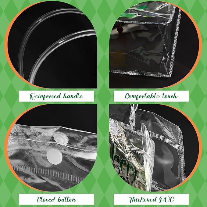 Henoyso 24 Pcs St. Patrick's Day Clear Gift Bags Plastic Shamrock Party Favor Bags with Handles and Ribbon Green Lucky Clover PVC Totes for Irish Candy Goodie Treat Gift Wrap, 7.8 x 7.8 x 3.1 Inches